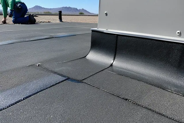 Modified bitumen roofing membrane with torch-applied seams and gravel ballast on a rooftop in Glendale, AZ.