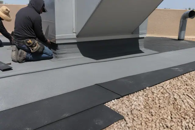 Modified bitumen roofing detail around an HVAC unit on a commercial rooftop in Goodyear, AZ.