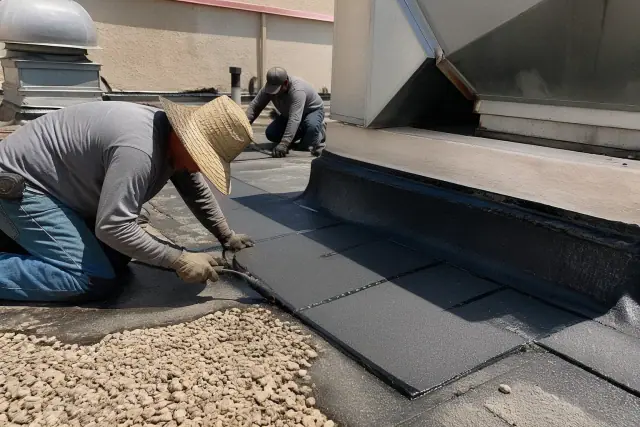 Modified bitumen roofing seams and gravel ballast around an HVAC unit on a commercial rooftop in Mesa, AZ.