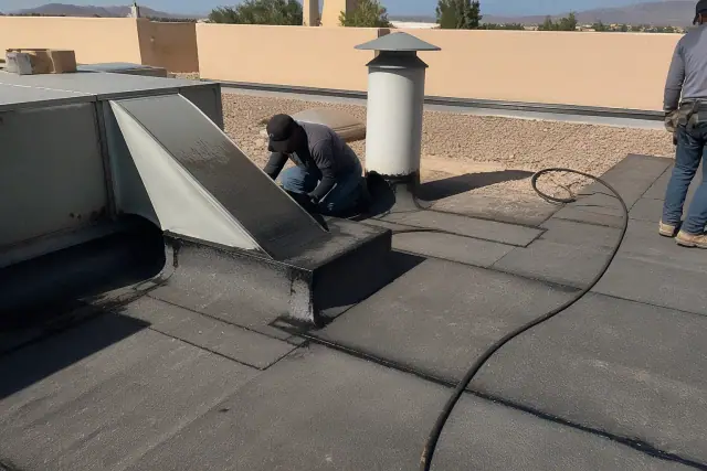 Modified bitumen roofing membrane detailing around a rooftop HVAC unit in Scottsdale, AZ.