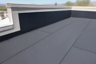 Finished modified bitumen roofing membrane along a stucco parapet wall in Phoenix, AZ.