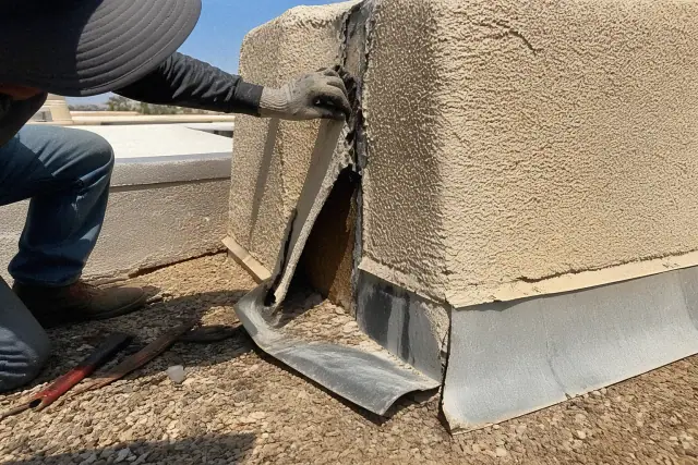 Damaged metal flashing and wood rot on a parapet wall during a roof repair job in Phoenix, AZ.