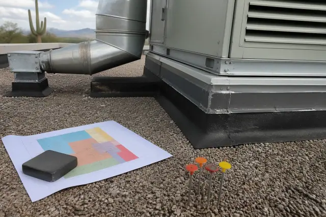 Site coordination plan weighted on a gravel roof with a ventilation unit and saguaro cactus in the distance in Phoenix, AZ.