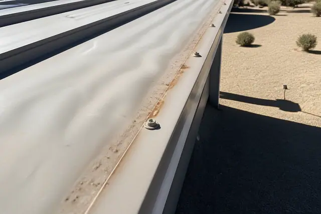 Oil canning and corrosion on metal roof panel edges at a job site in Phoenix, AZ.