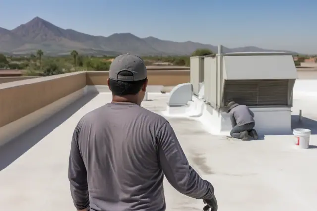 A technician performs membrane detailing on a rooftop ventilation unit in Phoenix, AZ.