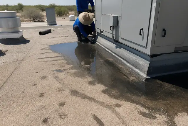 Stagnant water pooling against a rooftop HVAC unit with foot traffic marks on a gravel roof in Phoenix, AZ.