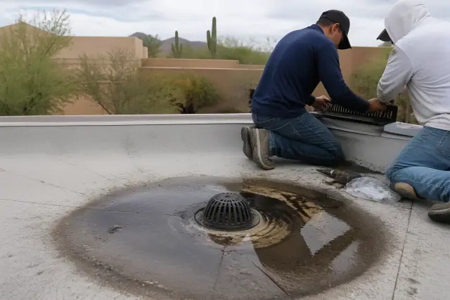 Ponding water and sediment around a TPO roof drain on a stucco building in Phoenix, AZ.