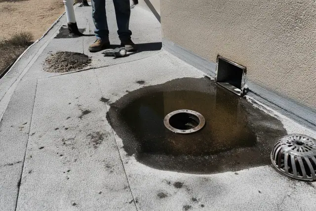 Stagnant water pooling around a roof drain on a building exterior in Phoenix, AZ.