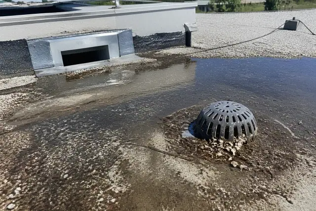 Ponding water and organic debris clogging a roof drain on a gravel surface in Phoenix, AZ.