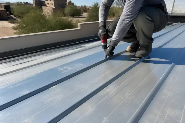 R-panel metal roofing sheets secured with industrial screws on a commercial building in Phoenix, AZ.