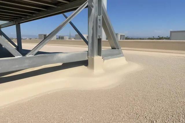 Spray foam roofing applied around a structural support stand on a gravel rooftop in Phoenix, AZ.