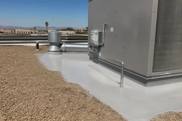 Fresh elastomeric coating applied to a rooftop HVAC unit during commercial roof maintenance in Phoenix, AZ.