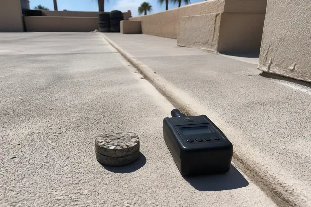 Circular roofing material plug and moisture scanning device on a flat roof in Phoenix, AZ.