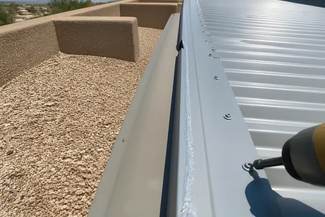 Contractor securing metal roofing panels with stainless steel fasteners on a commercial building in Phoenix, AZ.