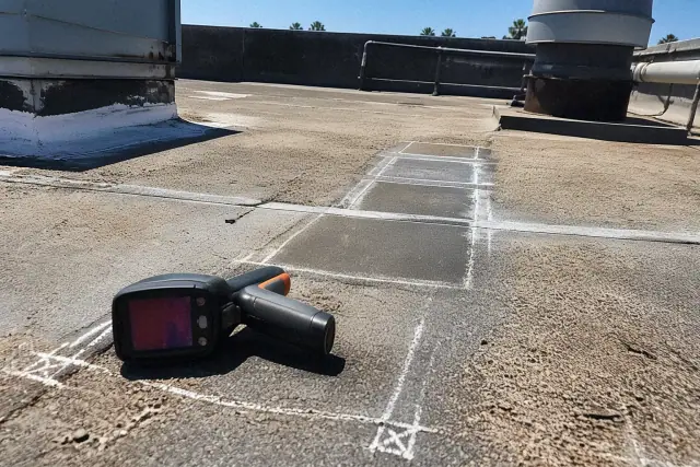 Infrared thermal imaging device and chalk-marked test patches on a gravel roof in Phoenix, AZ.