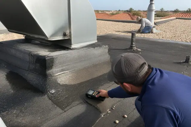 Technician using a moisture sensor on a built-up roof during an inspection in Phoenix, AZ.