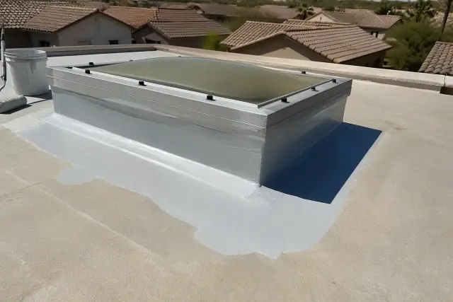 Contractor applying liquid roof coating to a skylight curb on a commercial building in Phoenix, AZ.