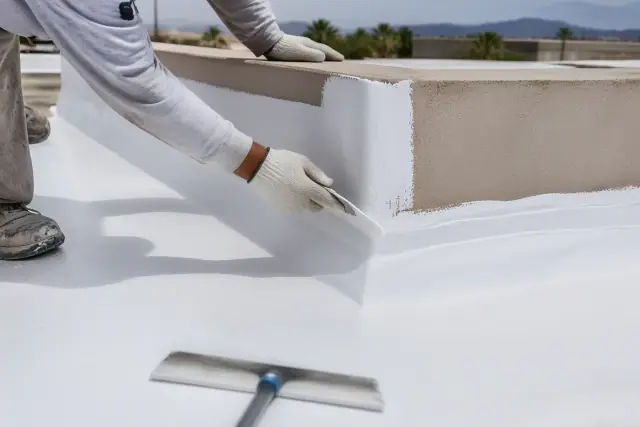 White silicone coating applied to a roof seam near a parapet wall on a concrete commercial building in Phoenix, AZ.