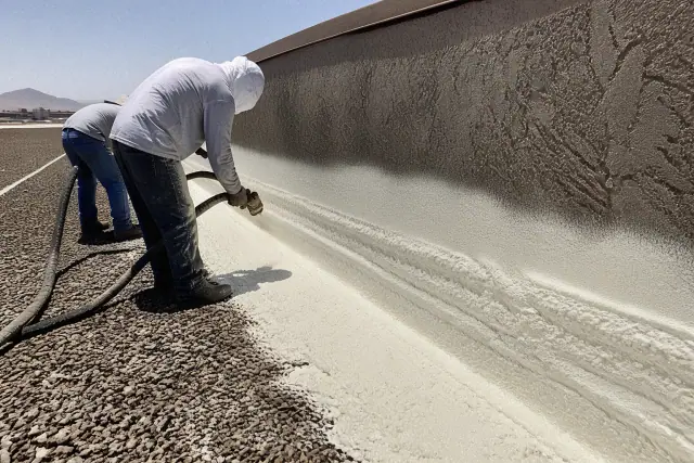 Contractor applying spray foam roofing to a parapet wall and gravel roof in Scottsdale, AZ.