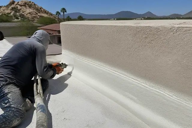 Crew members sealing a parapet wall with spray foam roofing on a commercial project in Phoenix, AZ.