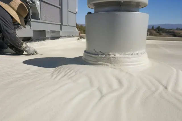 Cured spray foam roofing insulation around a rooftop ventilation unit at a commercial building in Surprise, AZ.