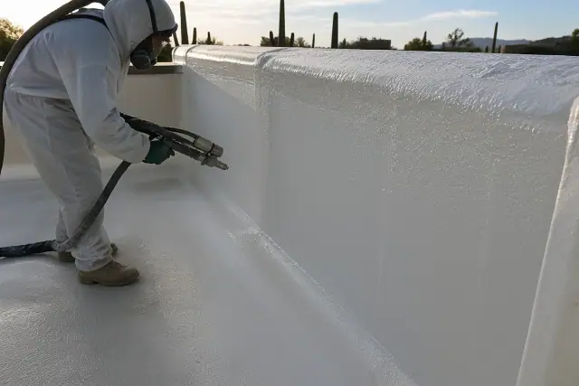 Contractors applying spray foam roofing to a parapet wall on a commercial building in Tempe, AZ.