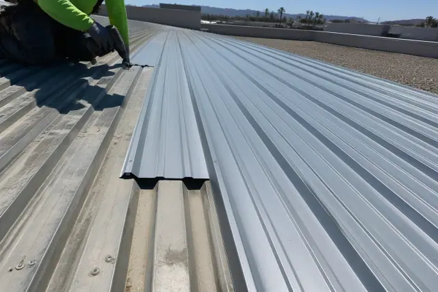Industrial metal roofing panels being fastened on a commercial roof in Phoenix, AZ.