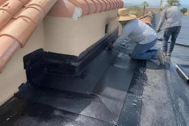 Three-ply bitumen roofing membrane detailing on a residential roof in Phoenix, AZ.