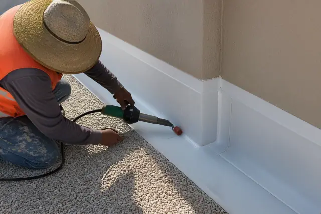 Roofing crew sealing TPO membrane seams on a parapet wall at a job site in Phoenix, AZ.