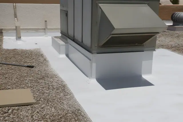 TPO roofing membrane detailing around a rooftop HVAC unit at a job site in Chandler, AZ.