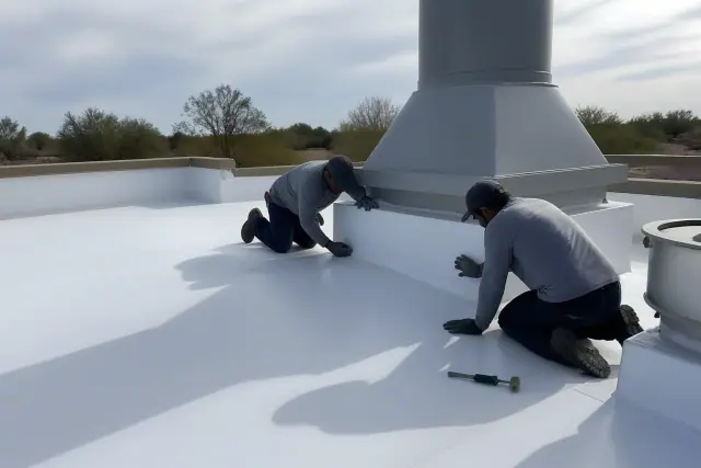 Technicians installing white TPO roofing with clean seam details on a commercial building in Tempe, AZ.