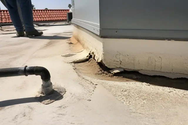 Crumbly UV-damaged foam on a rooftop HVAC unit coating edge in Phoenix, AZ.
