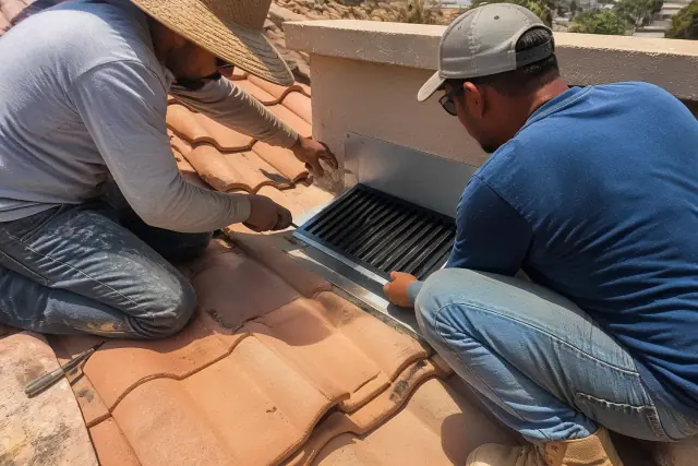 Roof drainage scupper installation on a terracotta tile roof in Phoenix, AZ.