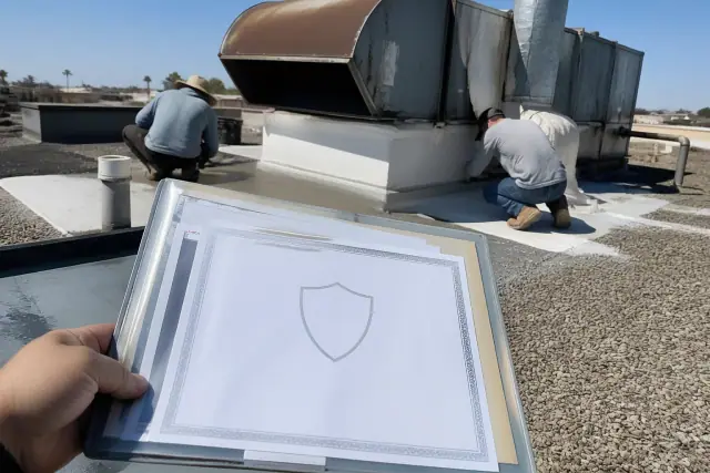 Roofing project documentation and membrane detailing on a gravel rooftop in Phoenix, AZ.