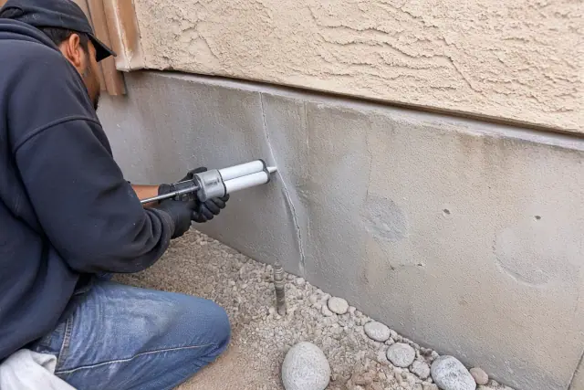 Technician using an epoxy gun to repair a crack in a concrete foundation wall at a jobsite in Phoenix, AZ.