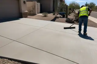 Worker in a high-visibility vest sweeping a new concrete driveway in Phoenix, AZ.