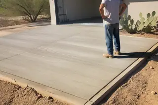 Technician inspecting a hardened concrete slab with prickly pear cacti in Phoenix, AZ.