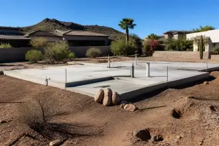 Finished residential concrete foundation slab with desert landscaping in Phoenix, AZ.