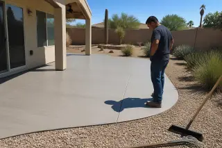 Technician inspecting a finished concrete patio with gravel and cactus landscaping in Phoenix, AZ.