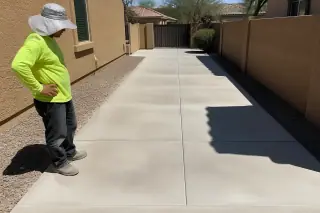 Worker inspecting a concrete floor slab with clean control joints and desert landscaping in Phoenix, AZ.