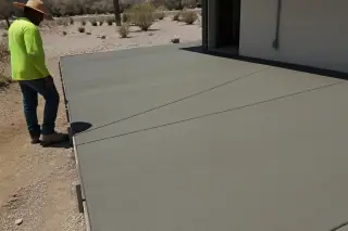 Contractor inspecting a clean concrete slab with control joints and desert gravel landscaping in Phoenix, AZ.