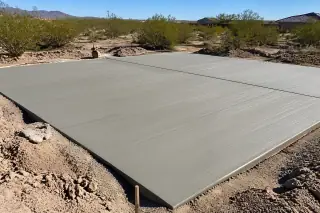 Textured concrete slab with desert creosote bushes in Phoenix, AZ.