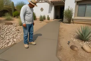 Worker using a push broom on a concrete walkway with desert landscaping in Phoenix, AZ.
