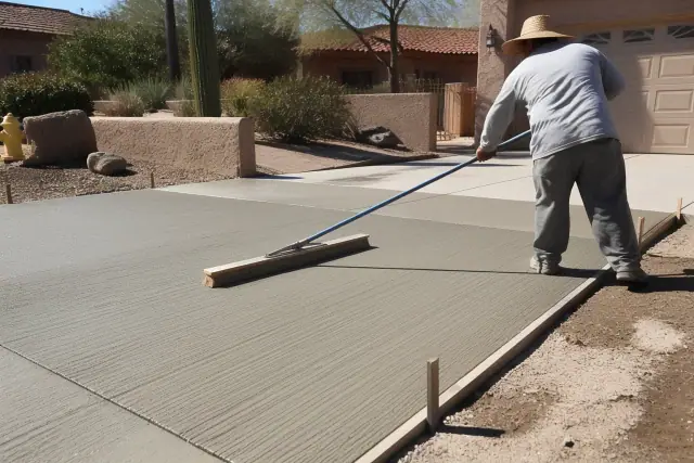 Worker using a push broom to create a textured finish on a new concrete driveway in Phoenix, AZ.