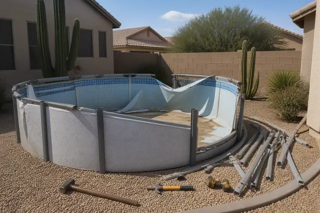 Partially disassembled above-ground pool frame and liner at a residential jobsite in Phoenix, AZ.