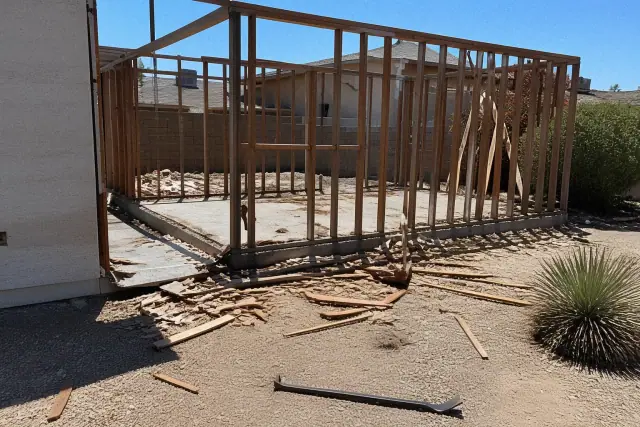 Skeletal wood framing of an attached garage during demolition in Phoenix, AZ.