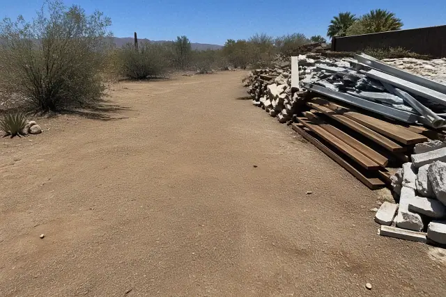 Clear path for equipment access leading past a stack of construction waste in a backyard in Phoenix, AZ.