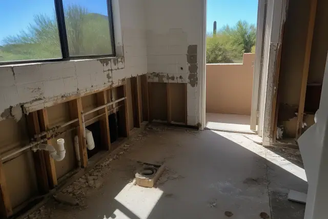 Bathroom demolition in progress showing exposed pipes and wall framing in a residential home in Phoenix, AZ.