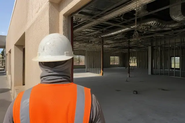 Demolition worker standing in a commercial office space under renovation in Phoenix, AZ.