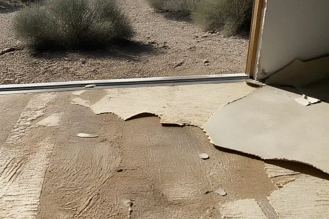 Torn vinyl flooring being removed from a subfloor under the bright sun in Phoenix, AZ.